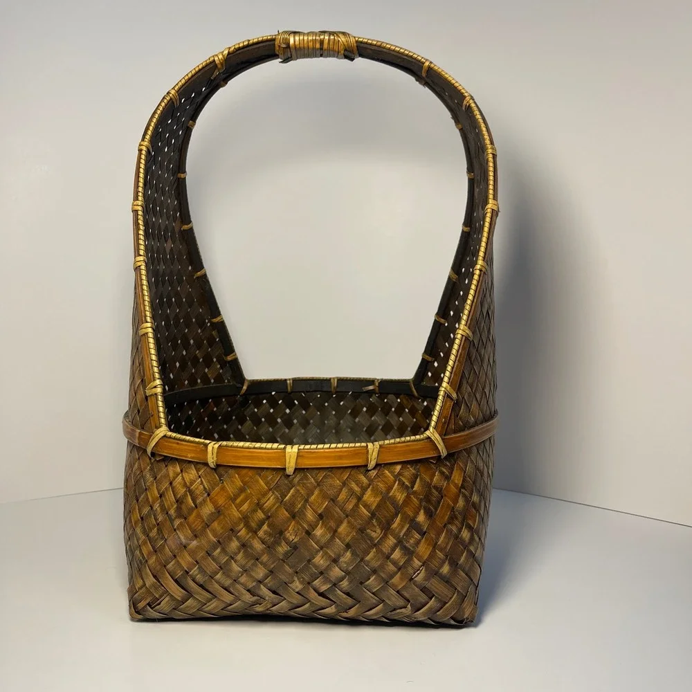 Vintage Woven Bamboo Rattan Gathering Basket Brown High Handle Hanging Pasking
